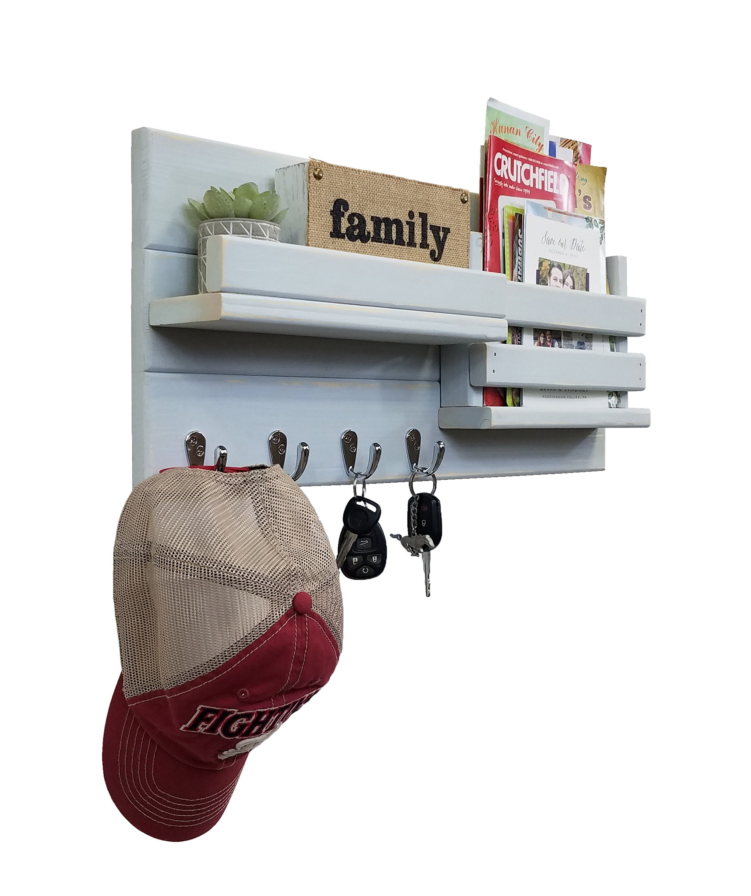 Classic Farmhouse Rustic Wall Organizer - 20 Paint Colors, Shown in Light French Gray, Chrome Hooks