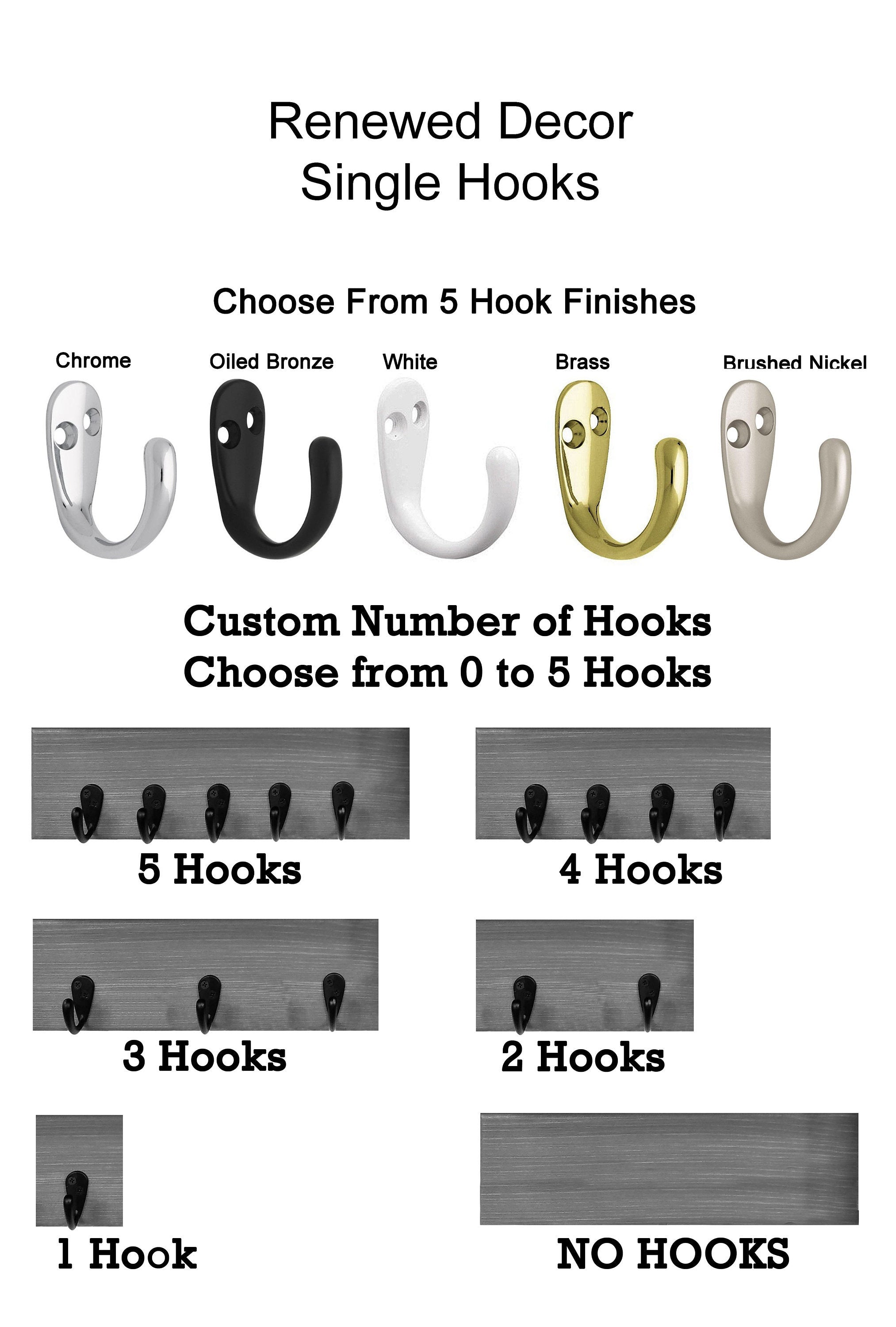 Number of Single Hooks in 5 Finishes, Oiled Bronze, Nickel, Chrome, Brass, White