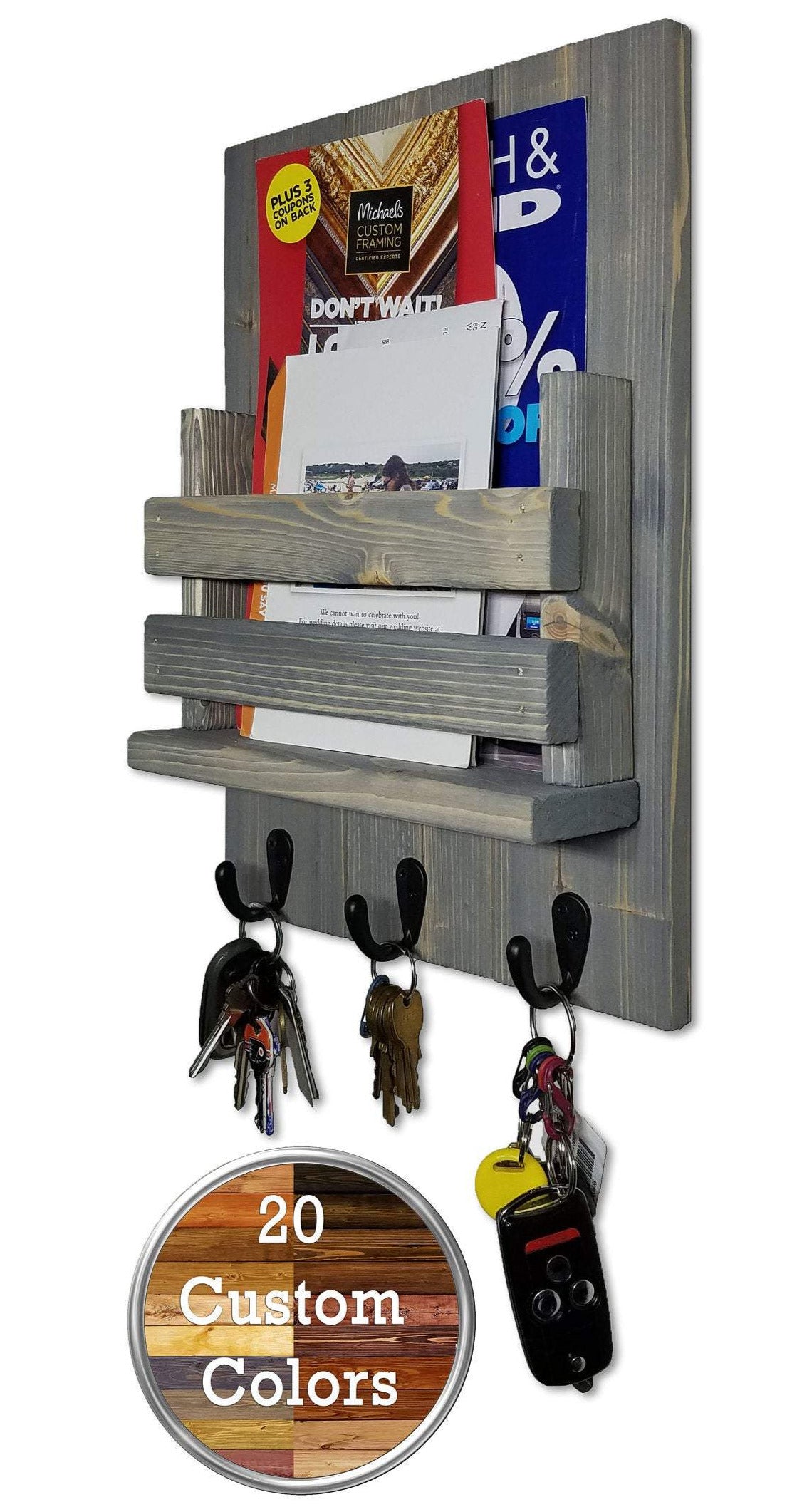 Sydney Slat Front, Mail Holder Organizer and Key Holder, Available with up to 3 Single Key Hooks – 20 Custom Colors: Shown in Classic Gray - Renewed Decor & Storage