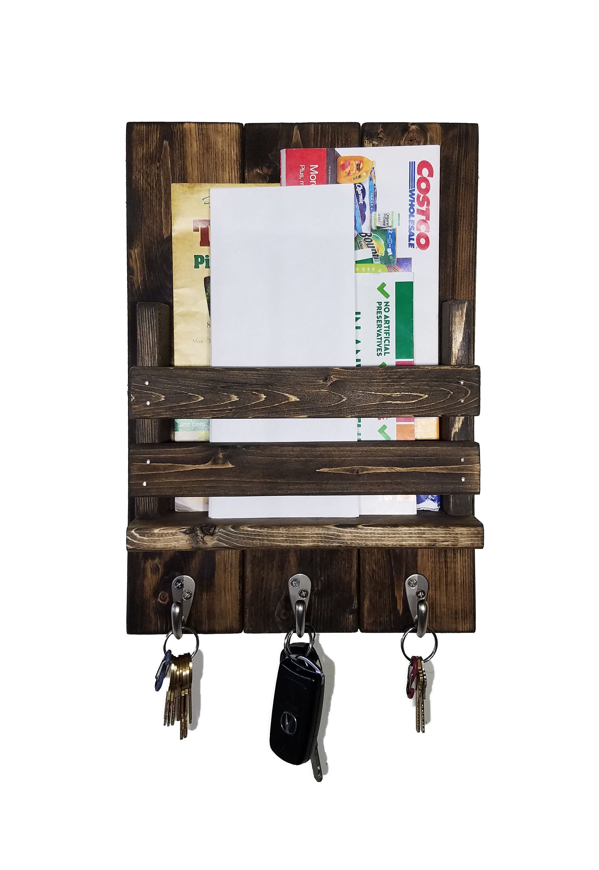 Sydney Slat Front, Mail Holder Organizer and Key Holder, Available with up to 3 Single Key Hooks – 20 Custom Colors: Shown in Dark Walnut - Renewed Decor & Storage