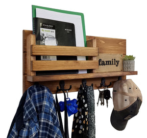 Discovery Organizer, Mail Bin, Key Holder & Shelf, Shown in Early American, Oiled Bronze Hooks