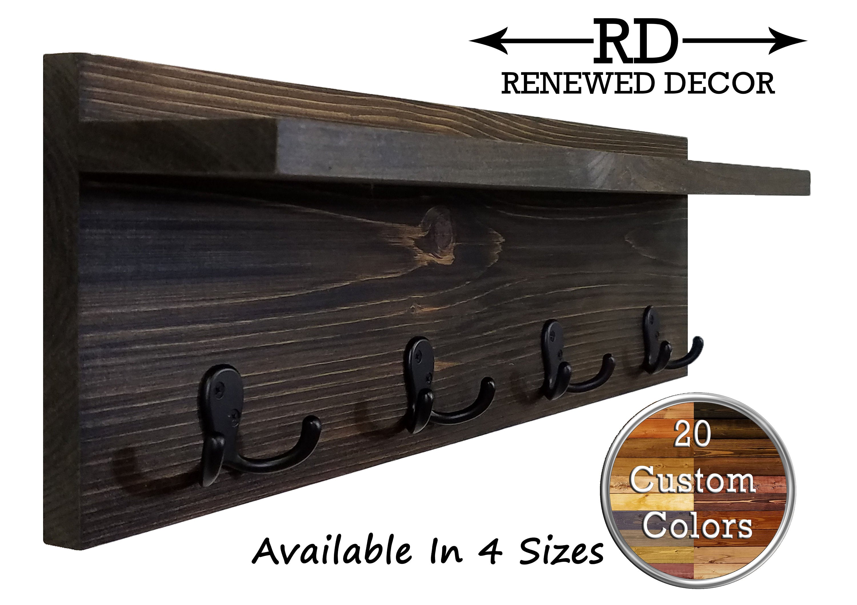Modern Rustic Wall Shelf with Double Hooks, Handmade in the USA