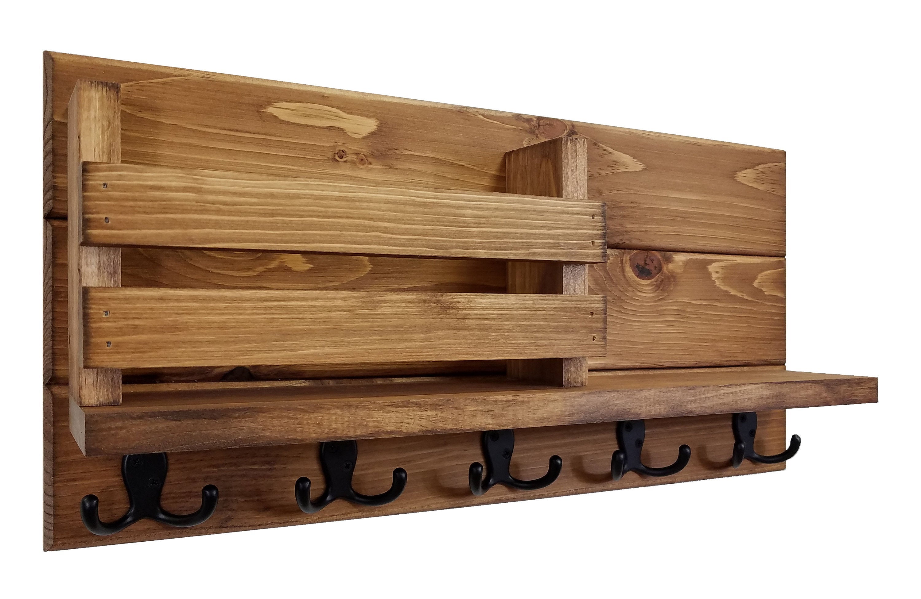 Discovery Organizer, Mail Bin, Key Holder & Shelf, Shown in Early American, Oiled Bronze Hooks