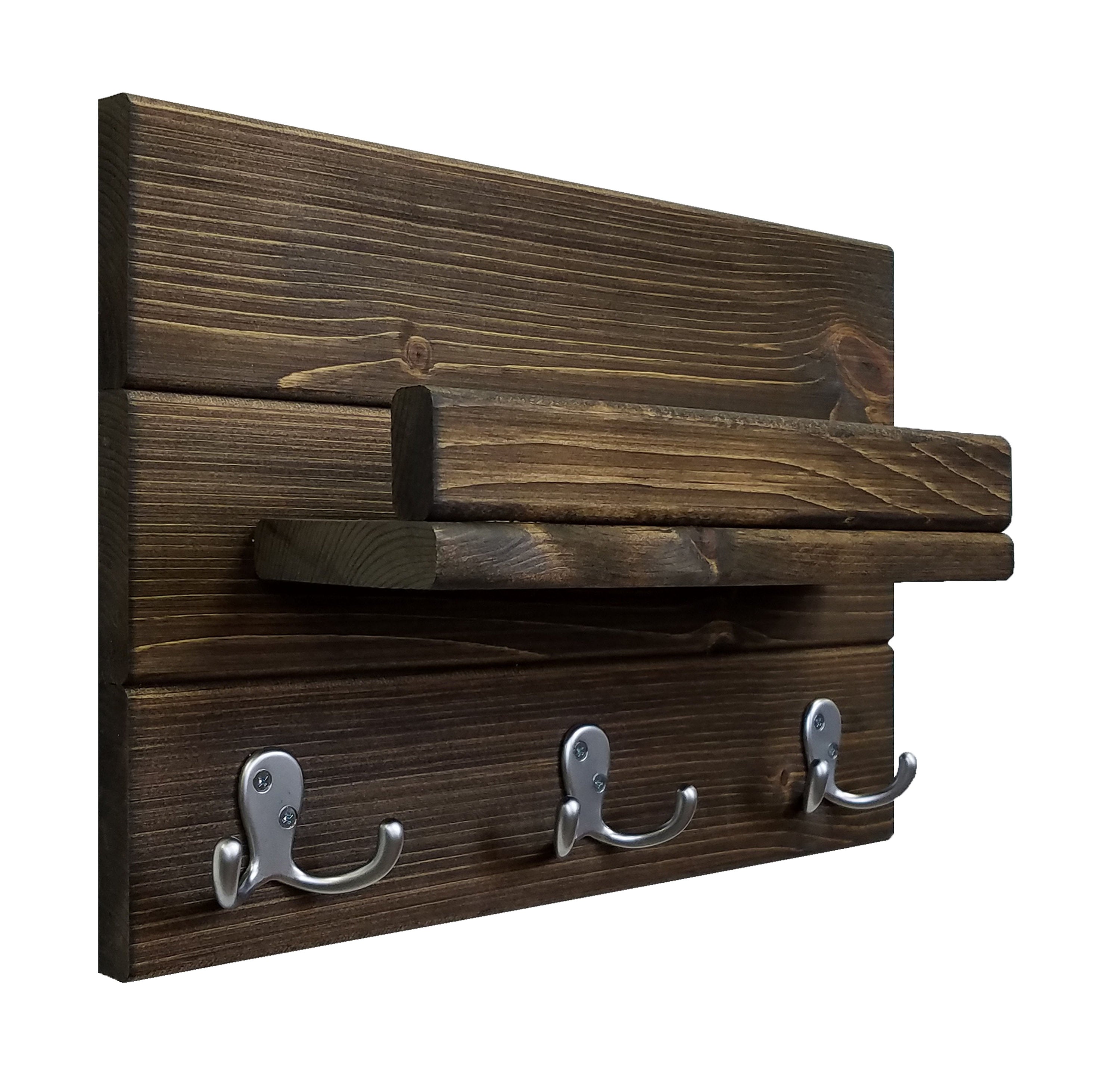 Calder Shelf with Hooks - 20 Custom Colors, Shown in Dark Walnut & Nickel Hooks