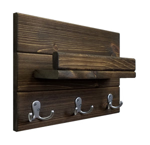 Calder Shelf with Hooks - 20 Custom Colors, Shown in Dark Walnut & Nickel Hooks