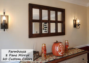 Farmhouse 8 Pane Framed Window Mirror - 20 Stain Colors, Shown in Special Walnut