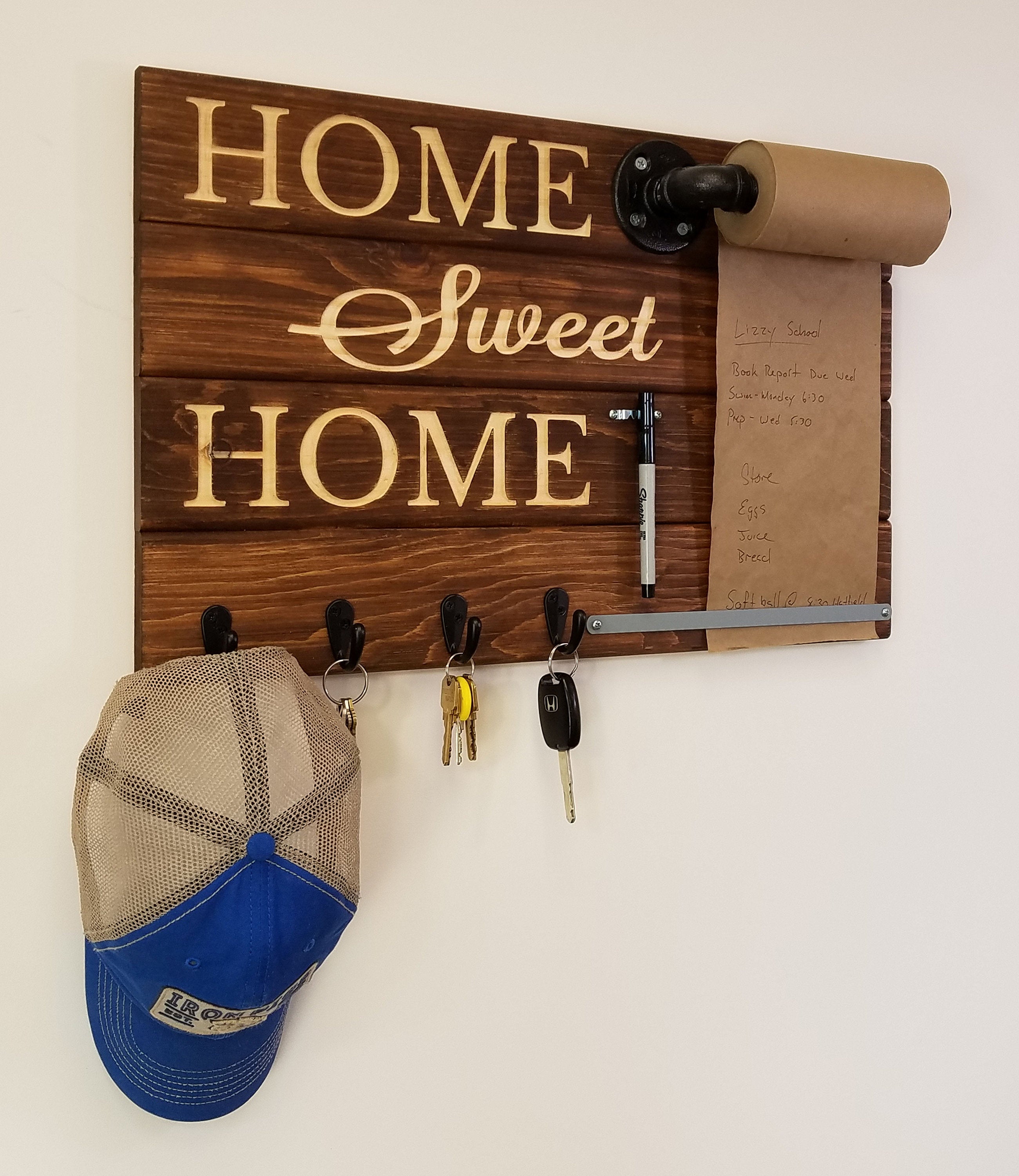 Home Sweet Home Farmhouse Rustic Wooden Memo Roll Holder, 4 Oiled Bronze Hooks, Special Walnut Stain