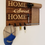 Home Sweet Home Farmhouse Rustic Wooden Memo Roll Holder, 4 Oiled Bronze Hooks, Special Walnut Stain
