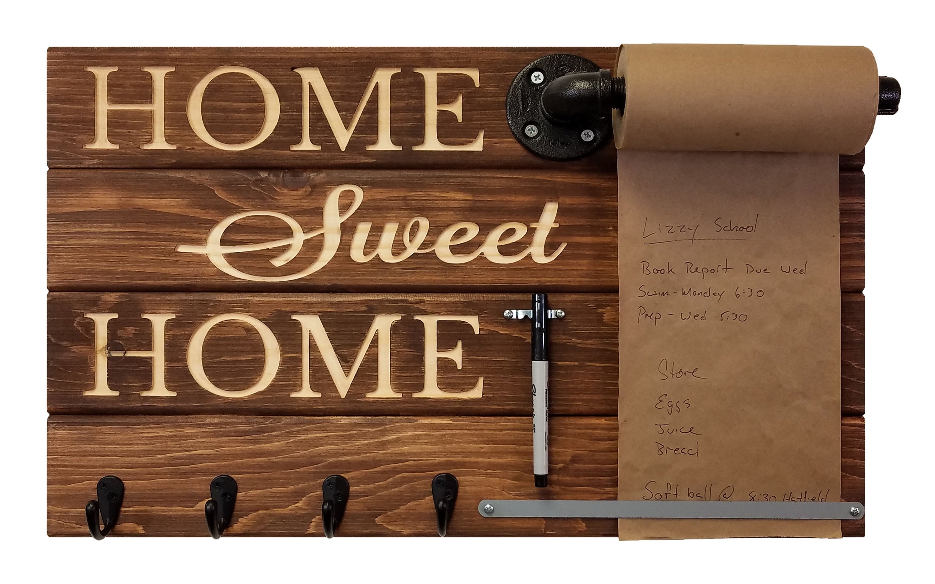 Home Sweet Home Farmhouse Rustic Wooden Memo Roll Holder, 4 Oiled Bronze Hooks, Special Walnut Stain