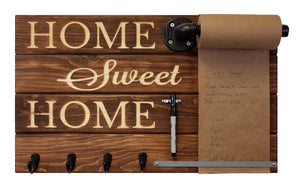 Home Sweet Home Farmhouse Rustic Wooden Memo Roll Holder, 4 Oiled Bronze Hooks, Special Walnut Stain