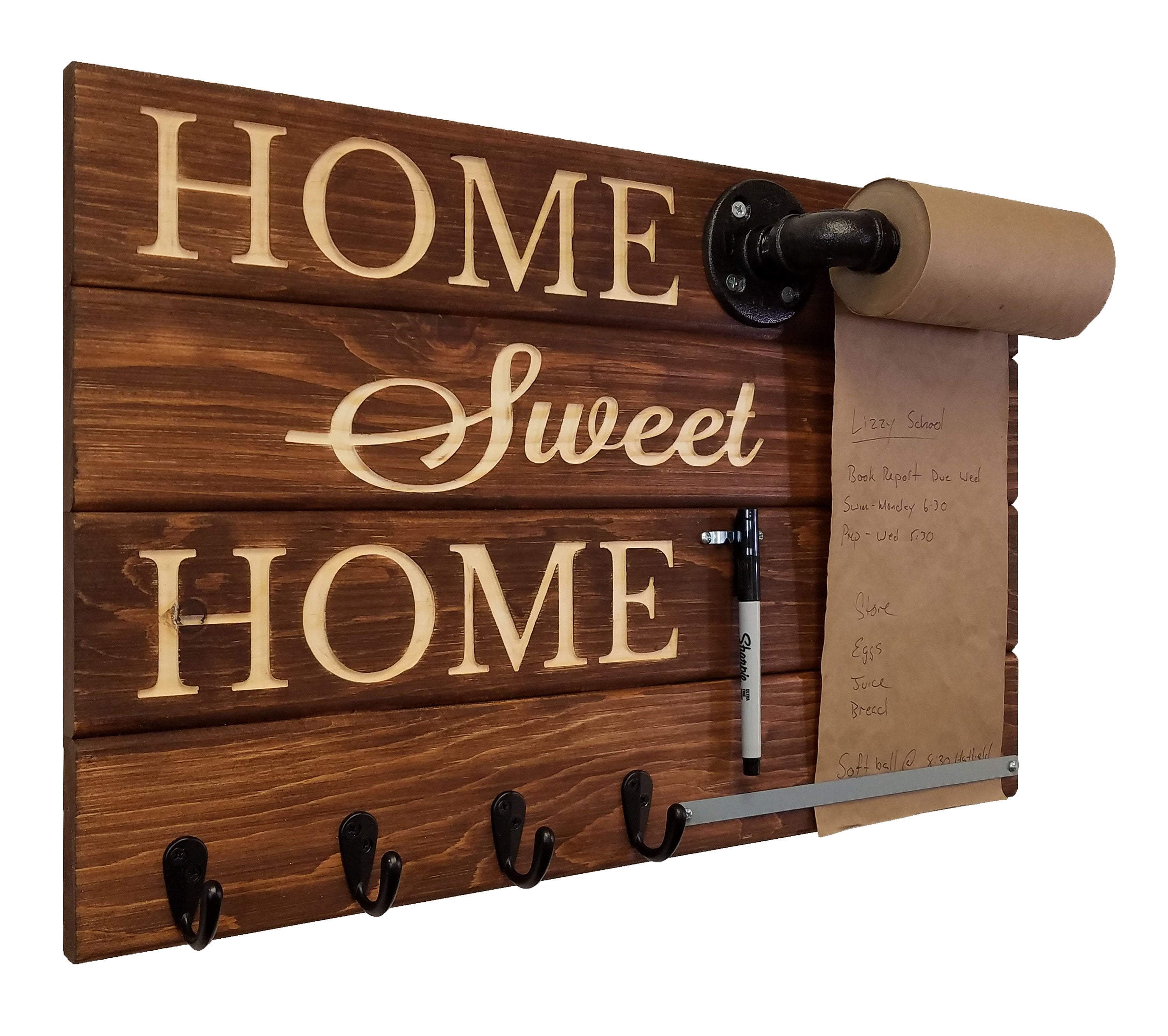 Home Sweet Home Farmhouse Rustic Wooden Memo Roll Holder, 4 Oiled Bronze Hooks, Special Walnut Stain