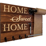 Home Sweet Home Farmhouse Rustic Wooden Memo Roll Holder, 4 Oiled Bronze Hooks, Special Walnut Stain