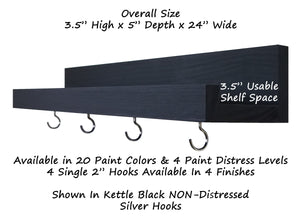 Bridgewater Wooden Wall Shelf with Hooks - 20 Paint Colors, Shown in Kettle Black