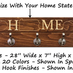 Liberty Wood State Sign and Wall Hooks, 20 Stain Colors - Renewed Decor & Storage