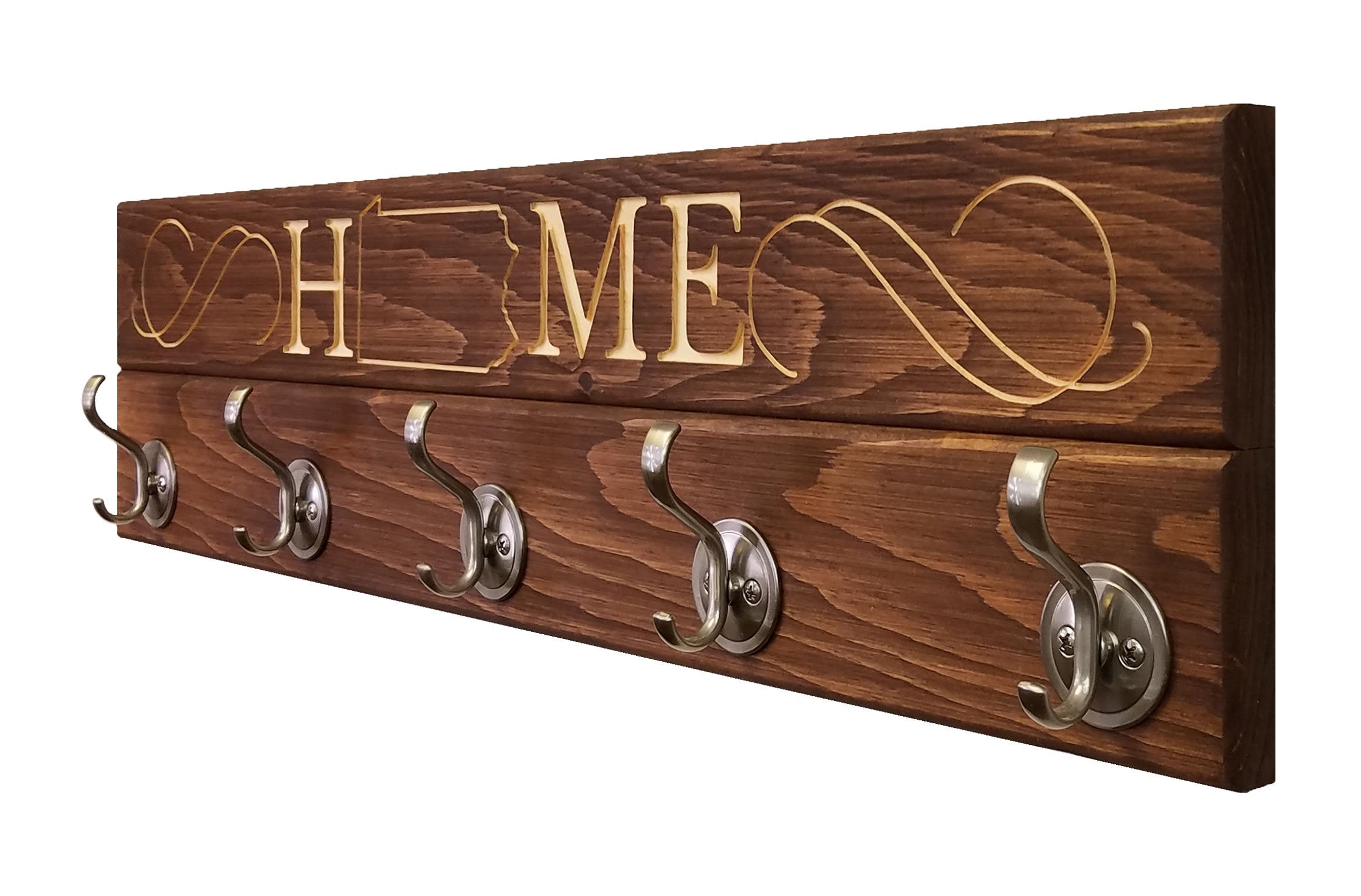 Liberty Wood State Sign and Wall Hooks, 20 Stain Colors - Renewed Decor & Storage