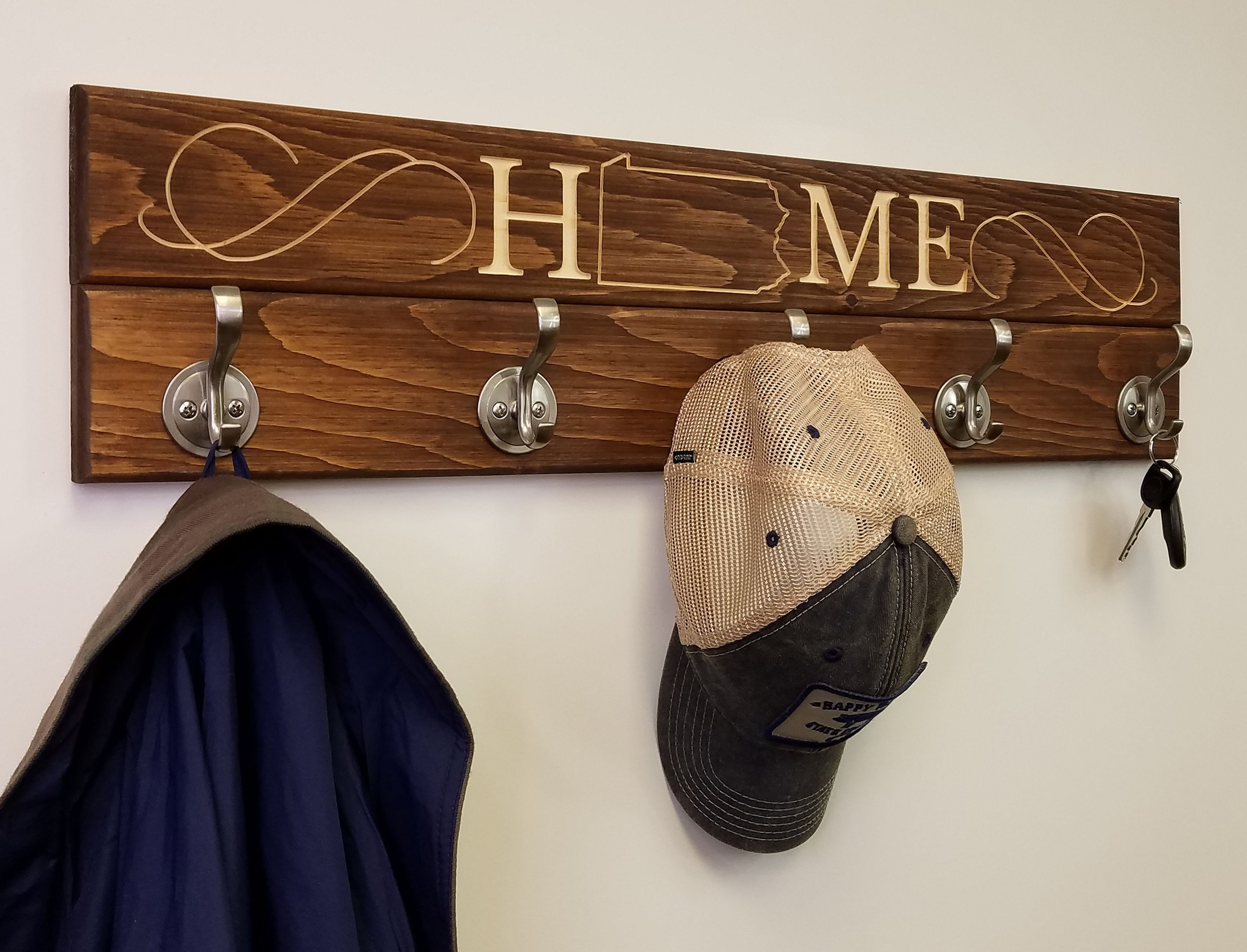 Liberty Wood State Sign and Wall Hooks, 20 Stain Colors - Renewed Decor & Storage
