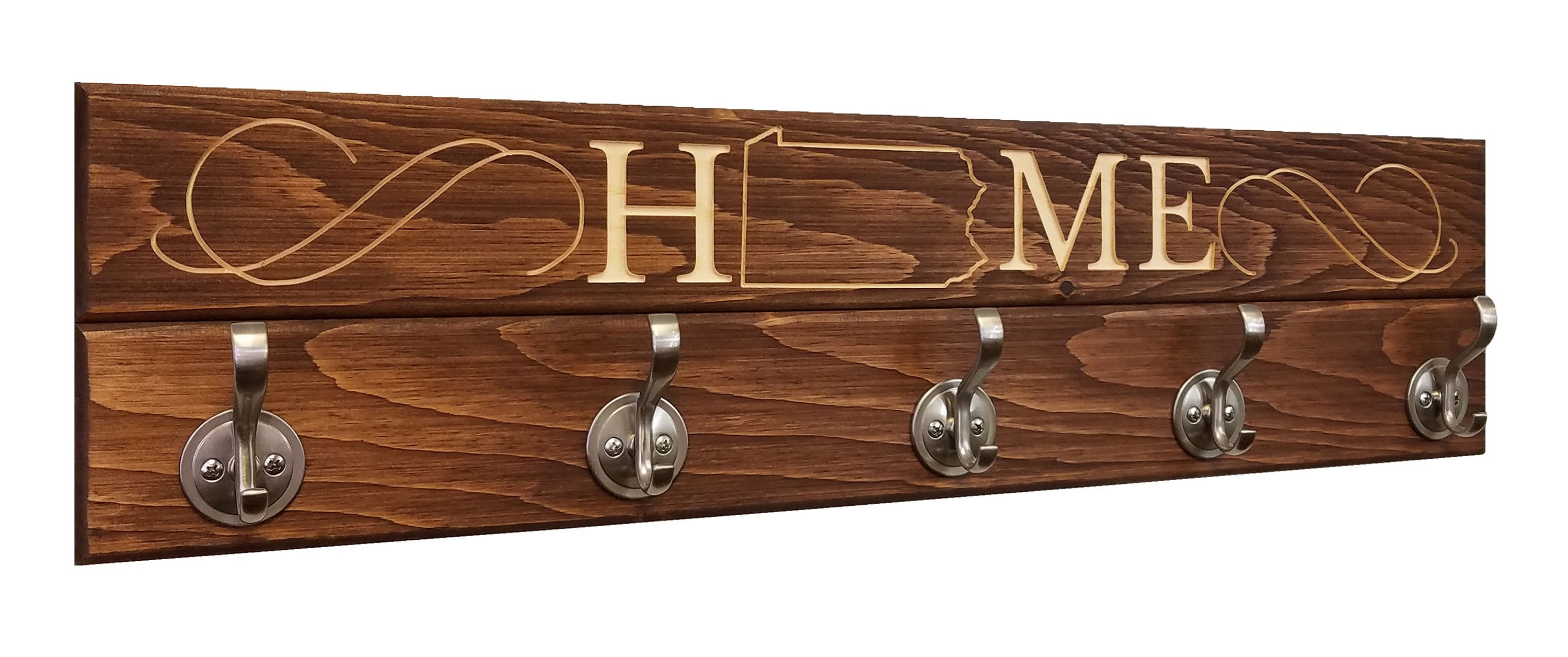 Liberty Wood State Sign and Wall Hooks, 20 Stain Colors - Renewed Decor & Storage