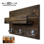 Calder Shelf with Hooks - 20 Custom Colors, Shown in Dark Walnut & Nickel Hooks