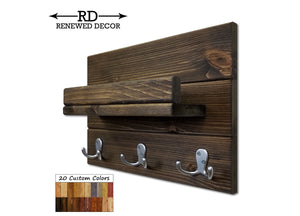 Calder Shelf with Hooks - 20 Custom Colors, Shown in Dark Walnut & Nickel Hooks