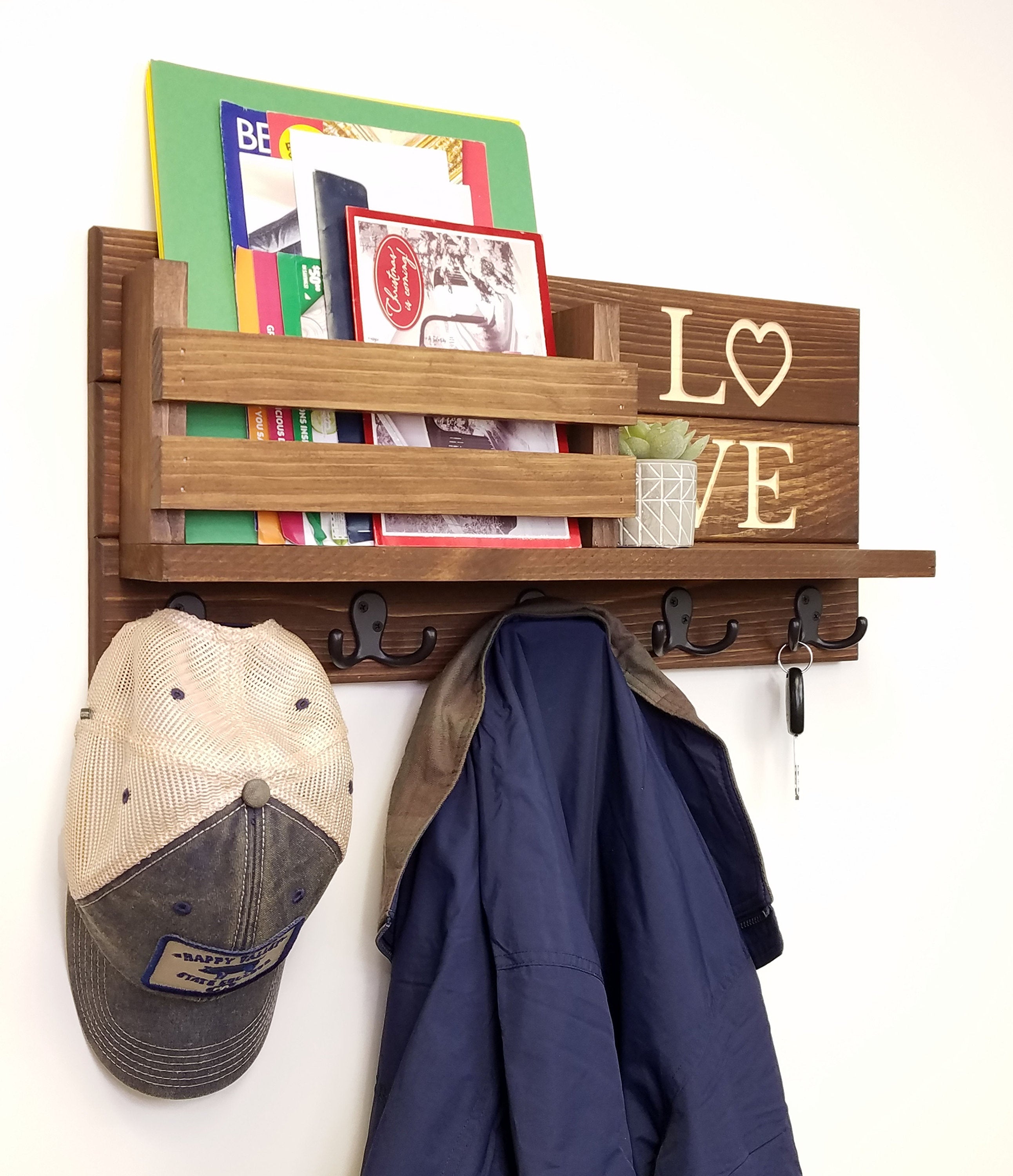 Personalized Love Discovery Rustic Home Organizer, Mail & Key Holder, Floating Shelf, Coat Hook - Renewed Decor & Storage
