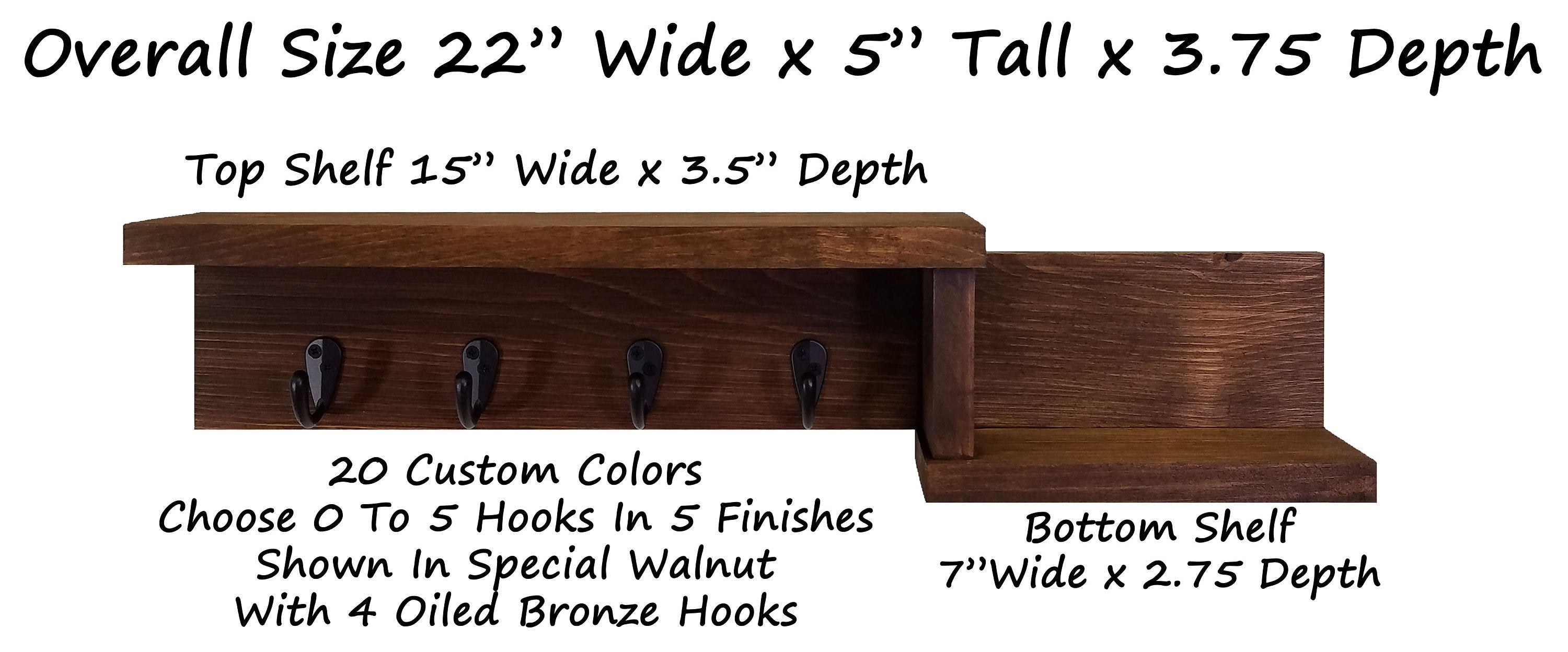 Allen Street Floating Shelf, Key Hooks and Wall Organizer - 20 Stain Colors, Shown In Special Walnut