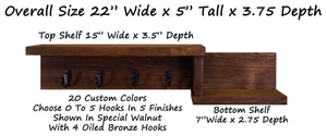Allen Street Floating Shelf, Key Hooks and Wall Organizer - 20 Stain Colors, Shown In Special Walnut