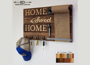 Home Sweet Home Farmhouse Rustic Wooden Memo Roll Holder, 4 Oiled Bronze Hooks, Special Walnut Stain