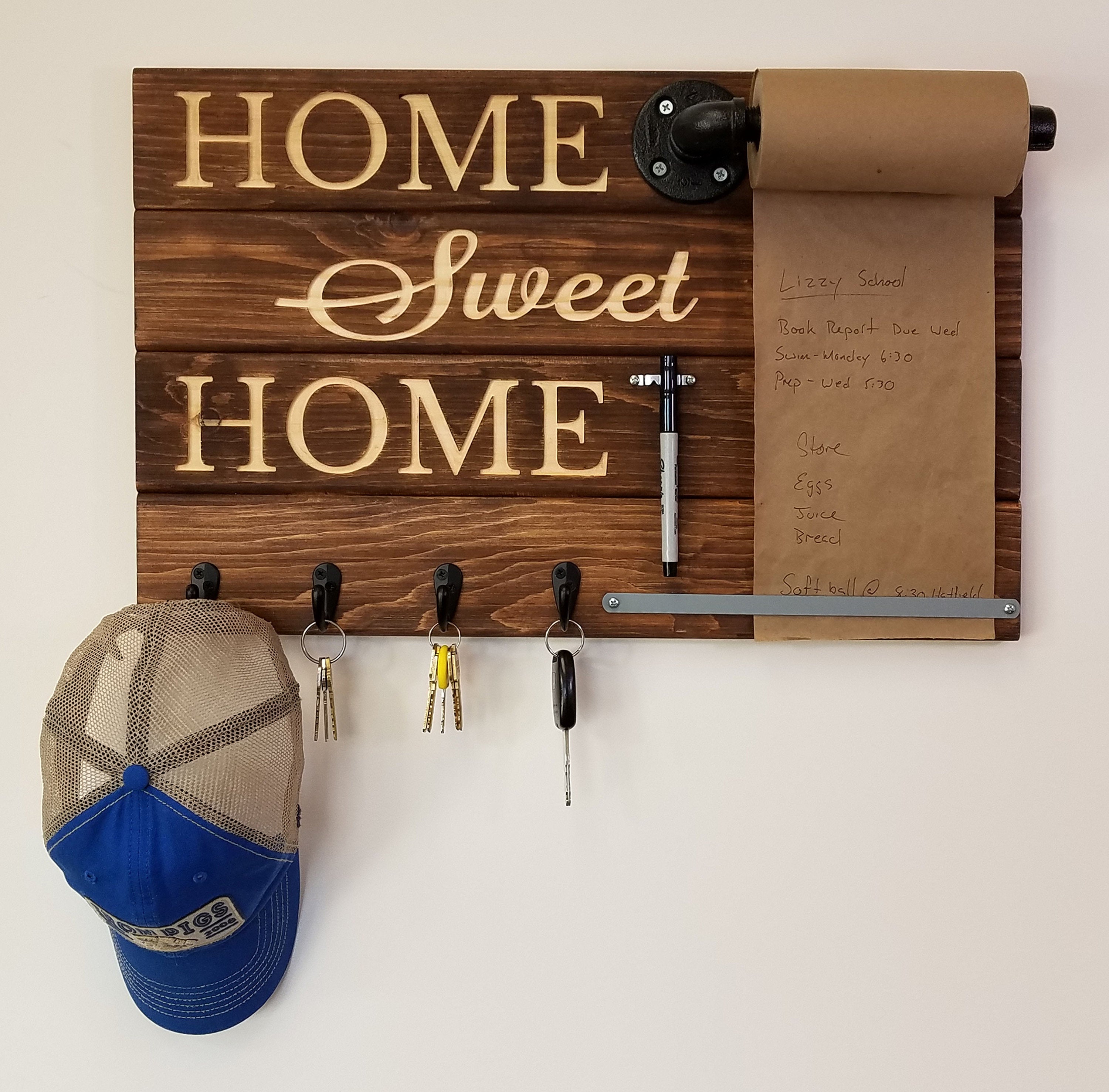 Home Sweet Home Farmhouse Rustic Wooden Memo Roll Holder, 4 Oiled Bronze Hooks, Special Walnut Stain