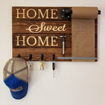 Home Sweet Home Farmhouse Rustic Wooden Memo Roll Holder, 4 Oiled Bronze Hooks, Special Walnut Stain