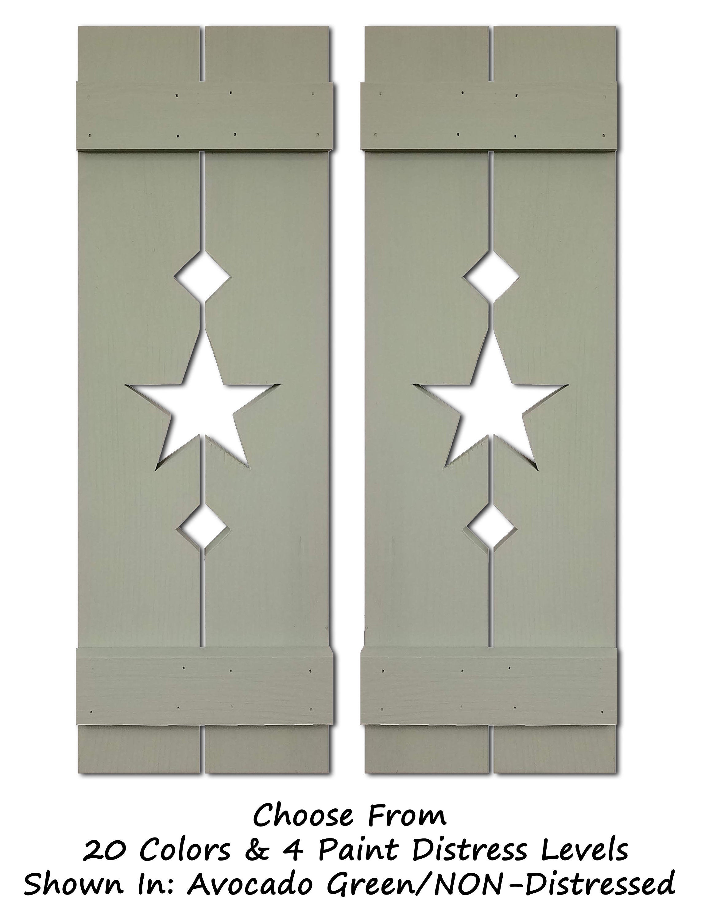 Amish Star Wooden Shutters - 20 Paint Colors, Shown in Avocado Green