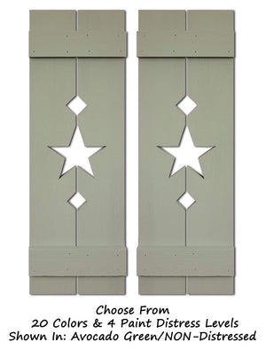 Amish Star Wooden Shutters - 20 Paint Colors, Shown in Avocado Green