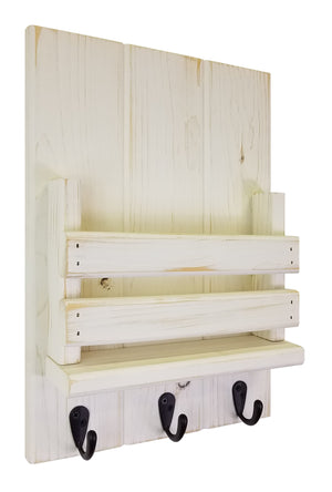 Sydney Slat Front, Mail Holder Organizer and Key Holder, Available with up to 3 Single Key Hooks – 20 Colors: Shown in Antique White - Renewed Decor & Storage
