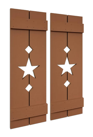 Amish Star Wooden Shutters - 20 Paint Colors, Shown in Lab Brown
