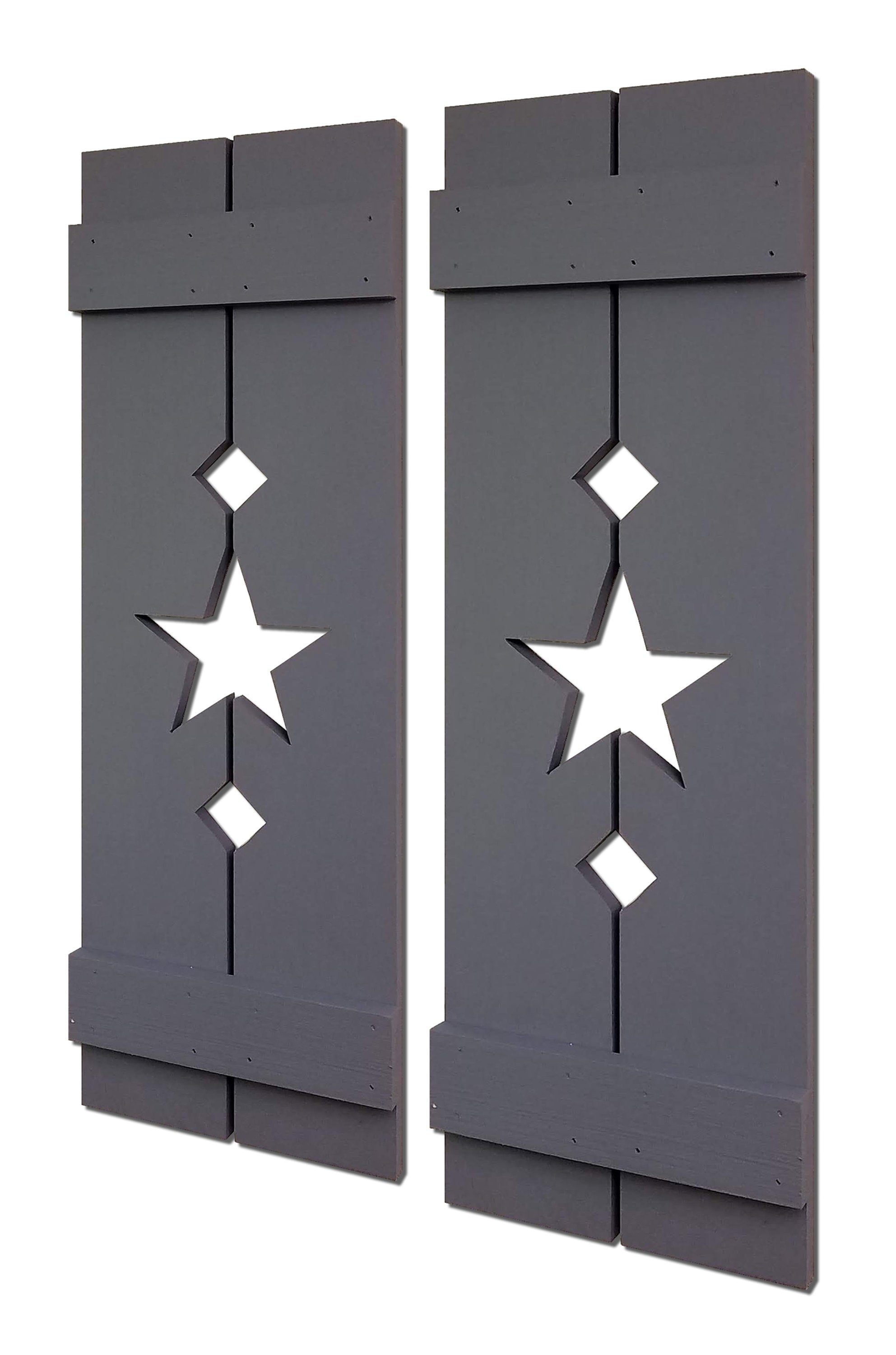 Amish Star Wooden Shutters - 20 Paint Colors, Shown in Slate Gray
