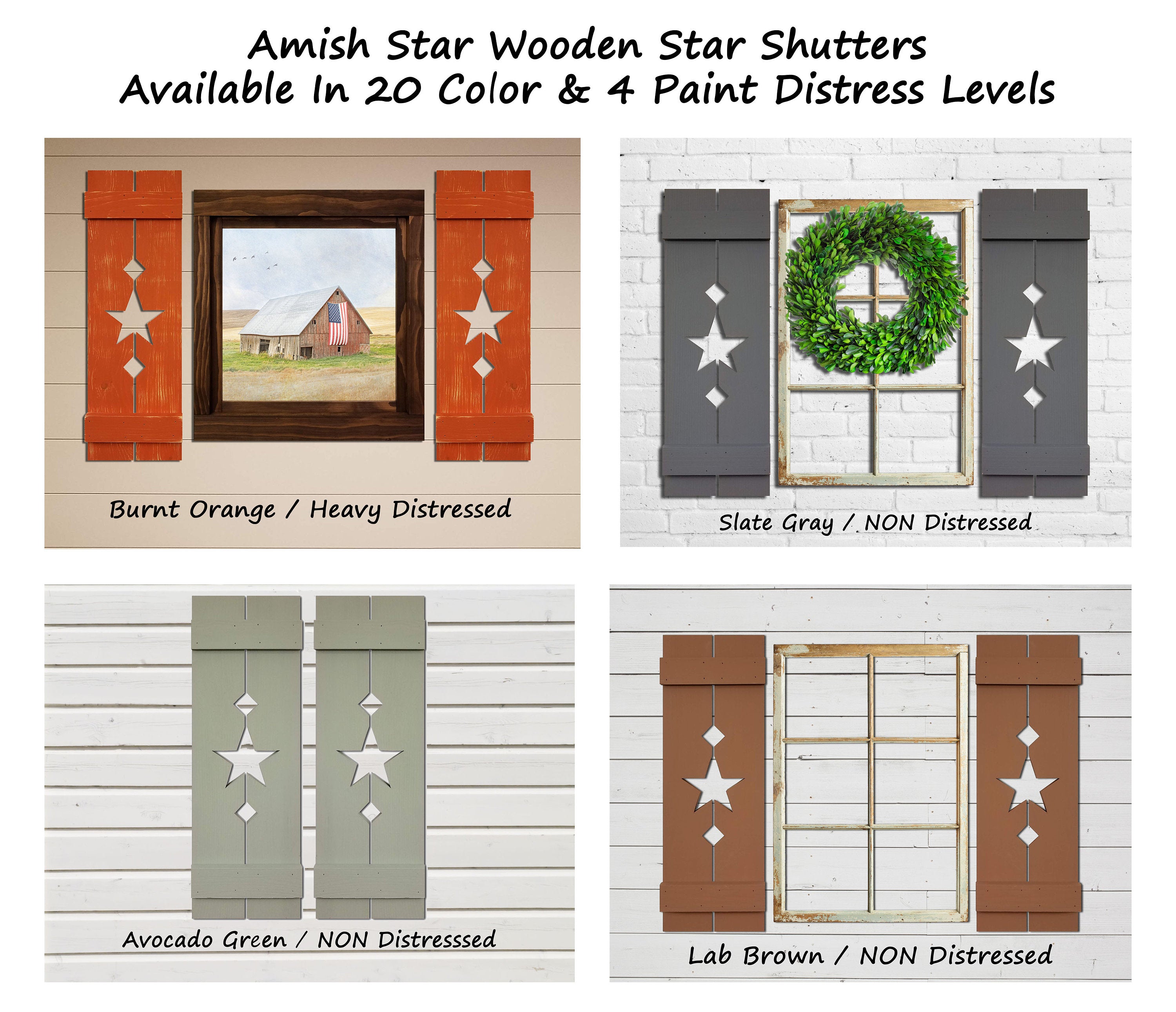 Custom Handmade Amish Star Wooden Shutters, Lane of Lenore