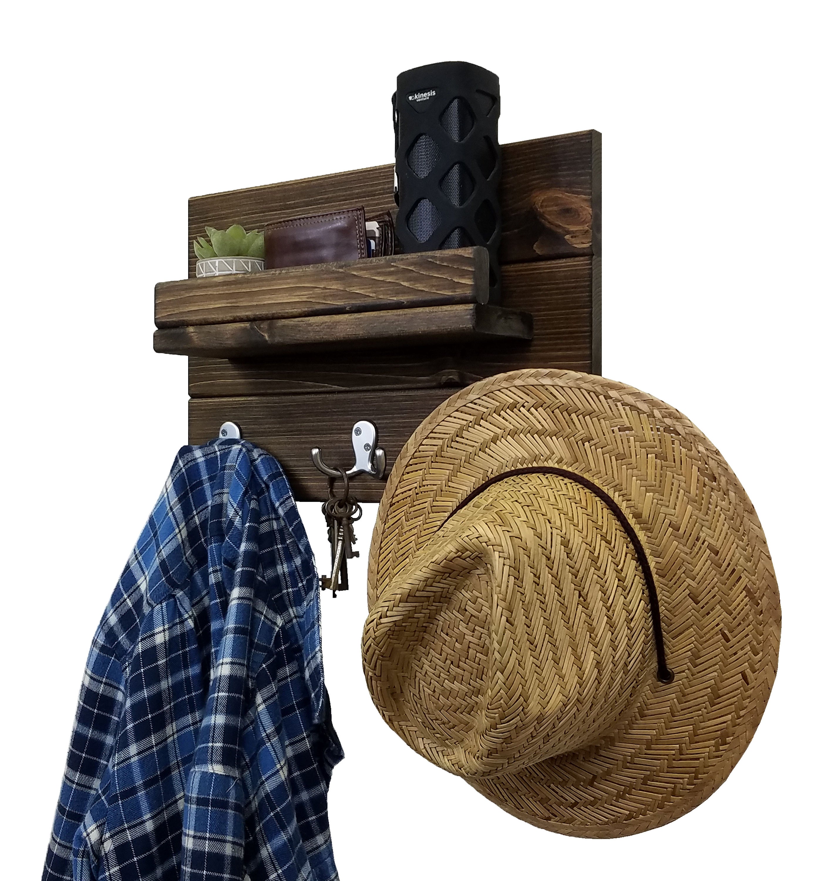 Calder Shelf with Hooks - 20 Custom Colors, Shown in Dark Walnut & Nickel Hooks