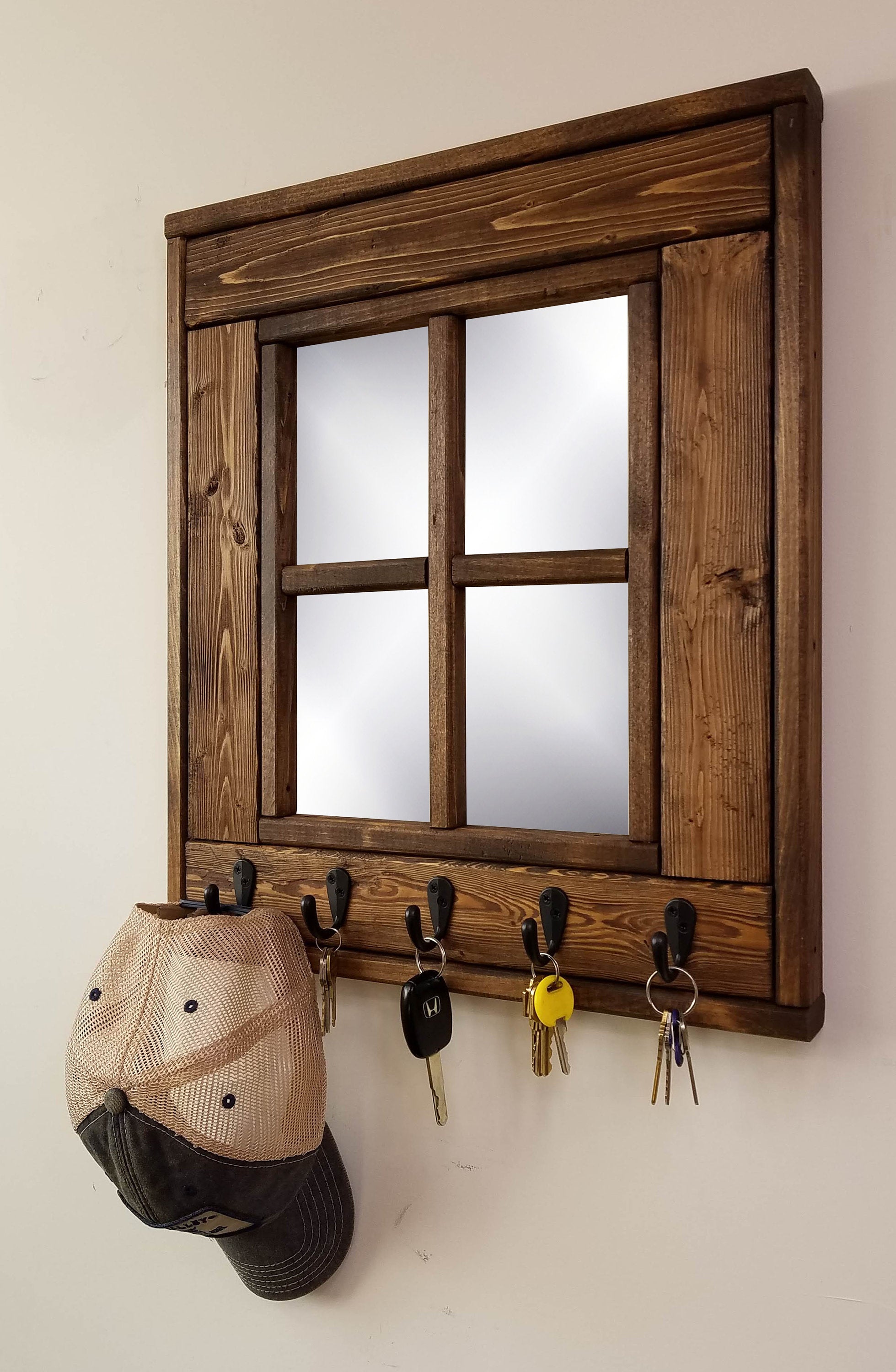 Barn Window Mirror With Hooks - 20 Stain Colors, Shown in Special Walnut