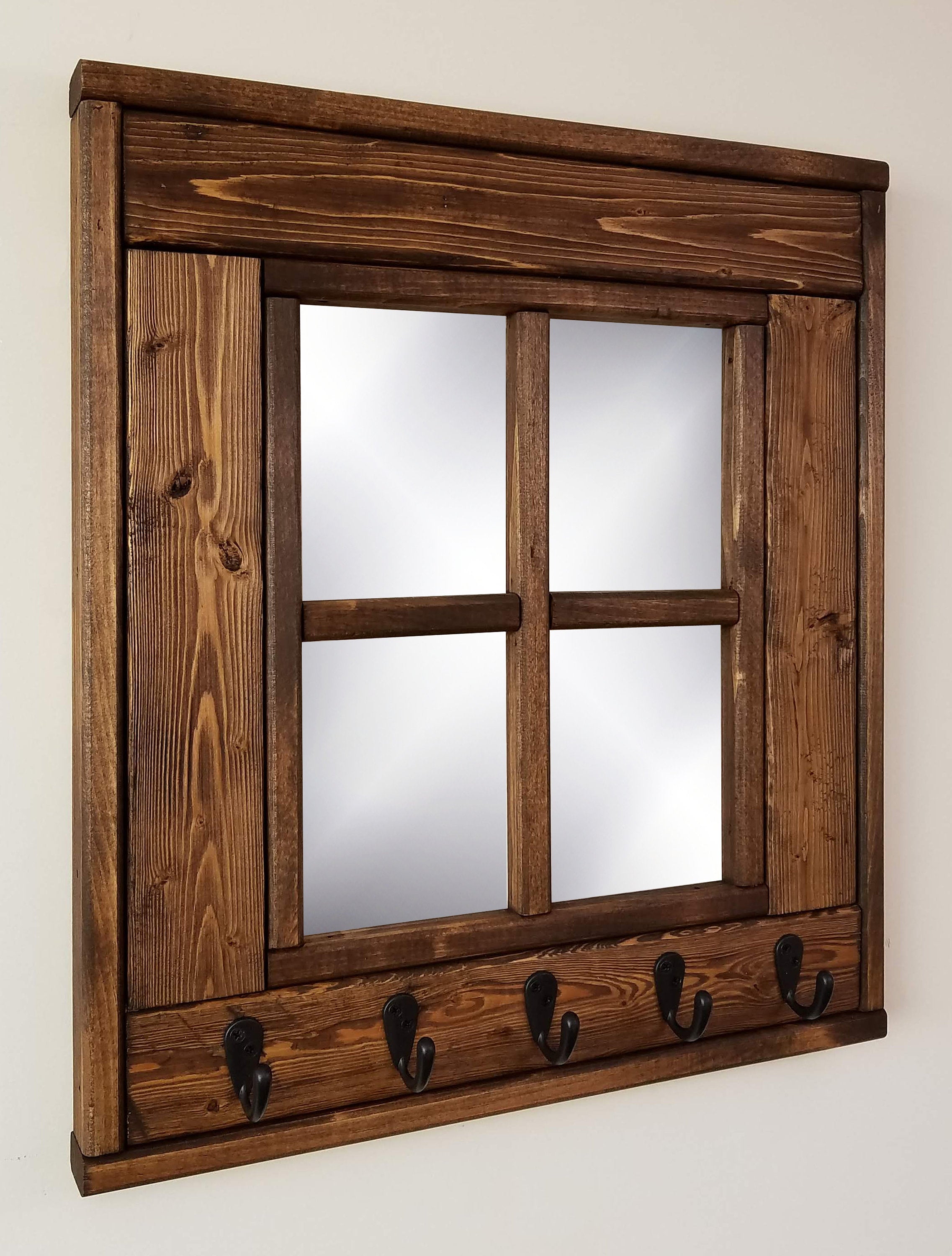 Barn Window Mirror With Hooks - 20 Stain Colors, Shown in Special Walnut