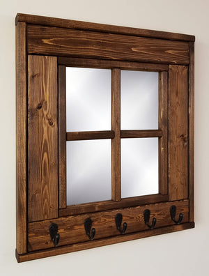 Barn Window Mirror With Hooks - 20 Stain Colors, Shown in Special Walnut