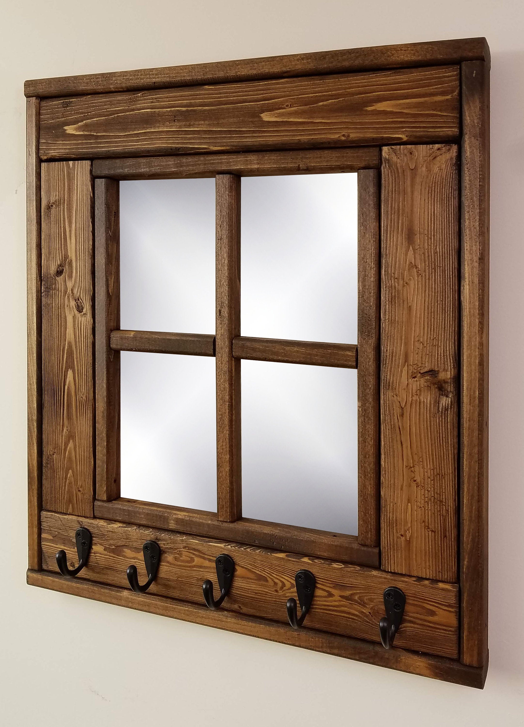 Barn Window Mirror With Hooks - 20 Stain Colors, Shown in Special Walnut