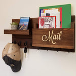 Restyled Farmhouse Mail Organizer with Hooks - 20 Stain Colors, Shown in Special Walnut