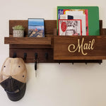Restyled Farmhouse Mail Organizer with Hooks - 20 Stain Colors, Shown in Special Walnut