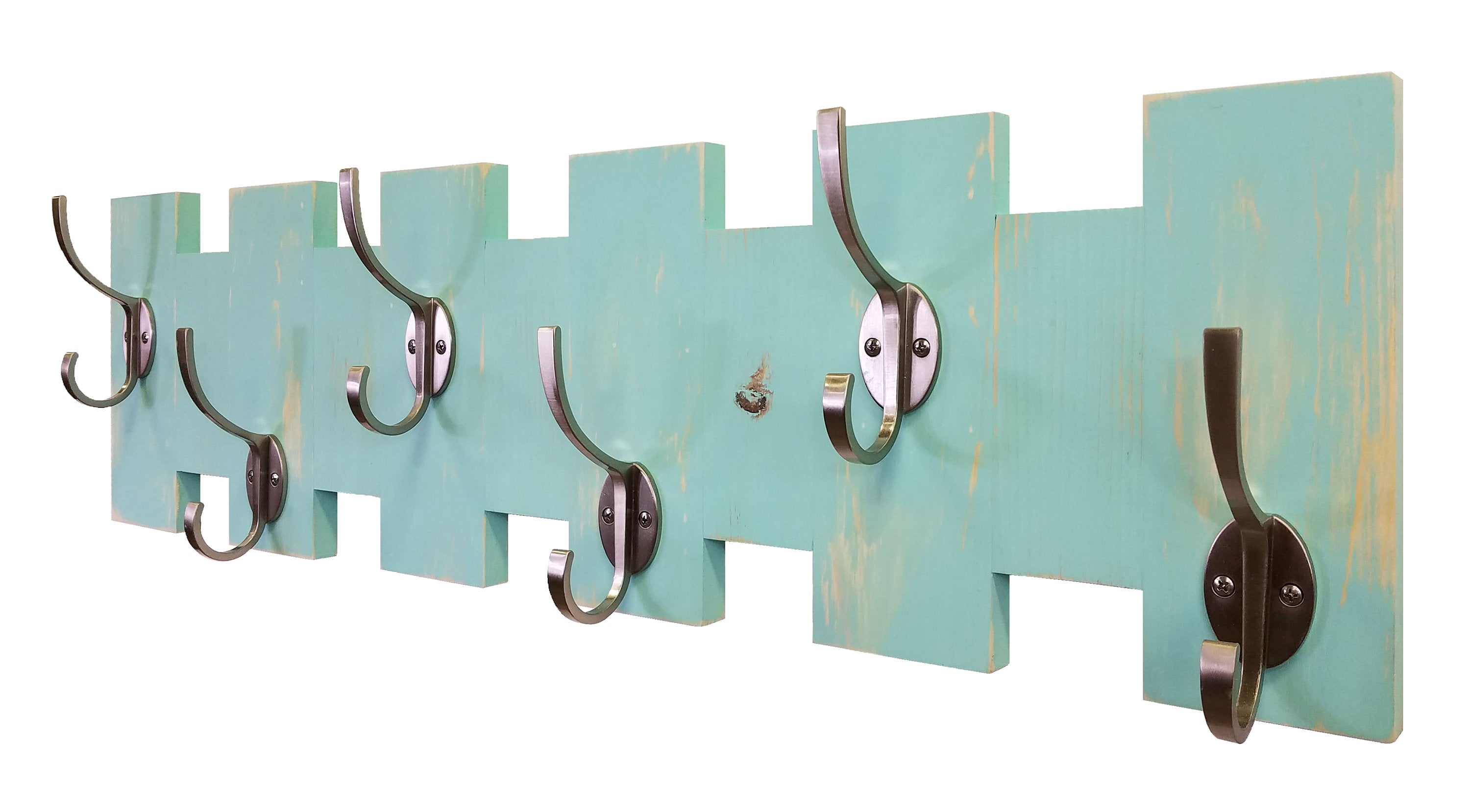Easton Wall Mounted Hook Rack, Shown in Sea Blue with Nickel Hooks