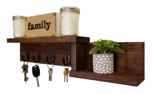 Allen Street Floating Shelf, Key Hooks and Wall Organizer - 20 Stain Colors, Shown In Special Walnut
