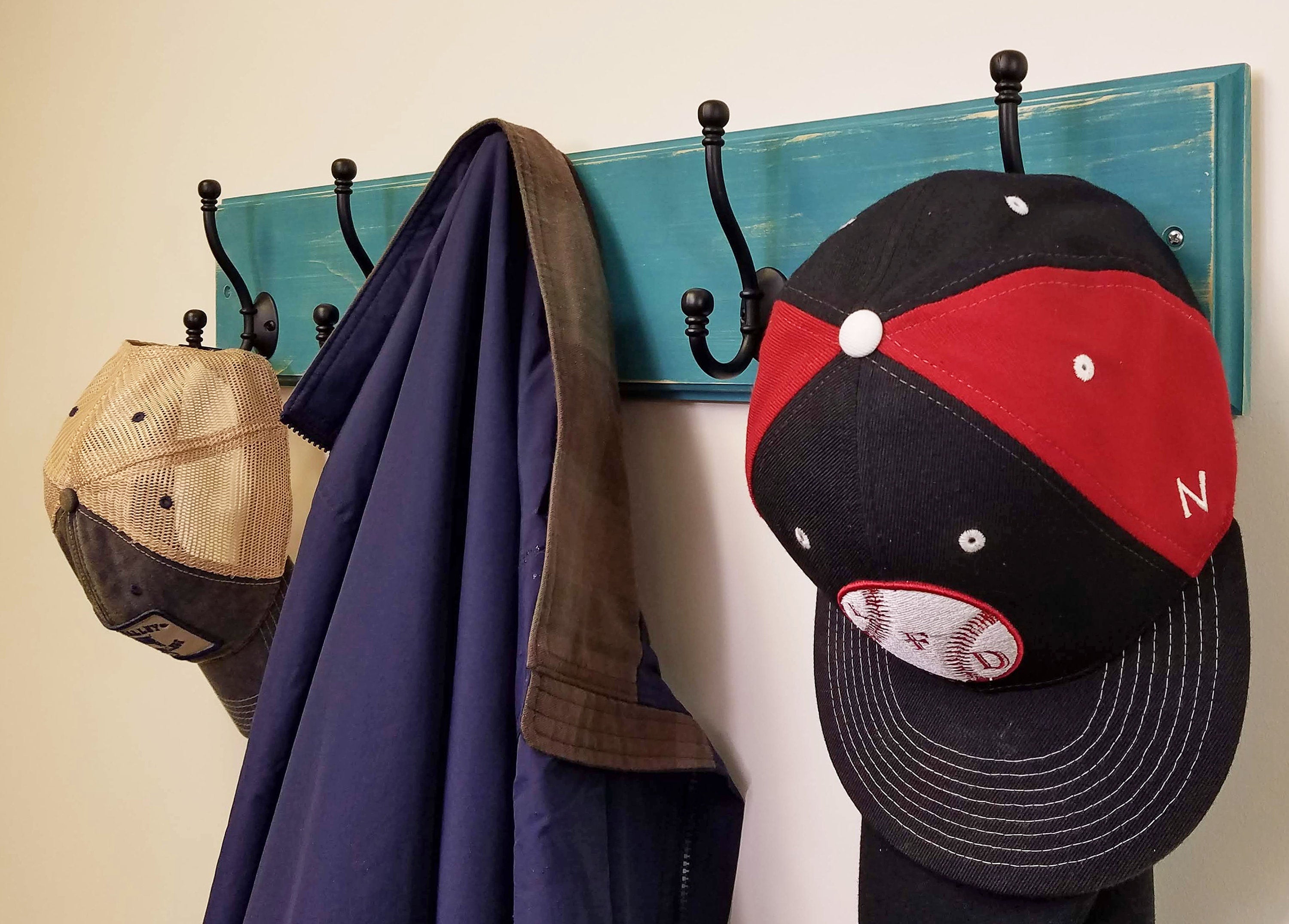 Brookside Wall Mounted Hook Rack - 20 Paint Colors, Shown in Coral Blue