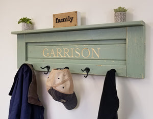 Personalized Chapel Hill Coat Hook Rack, & Shelf - 20 Colors, Shown in Avocado Green 