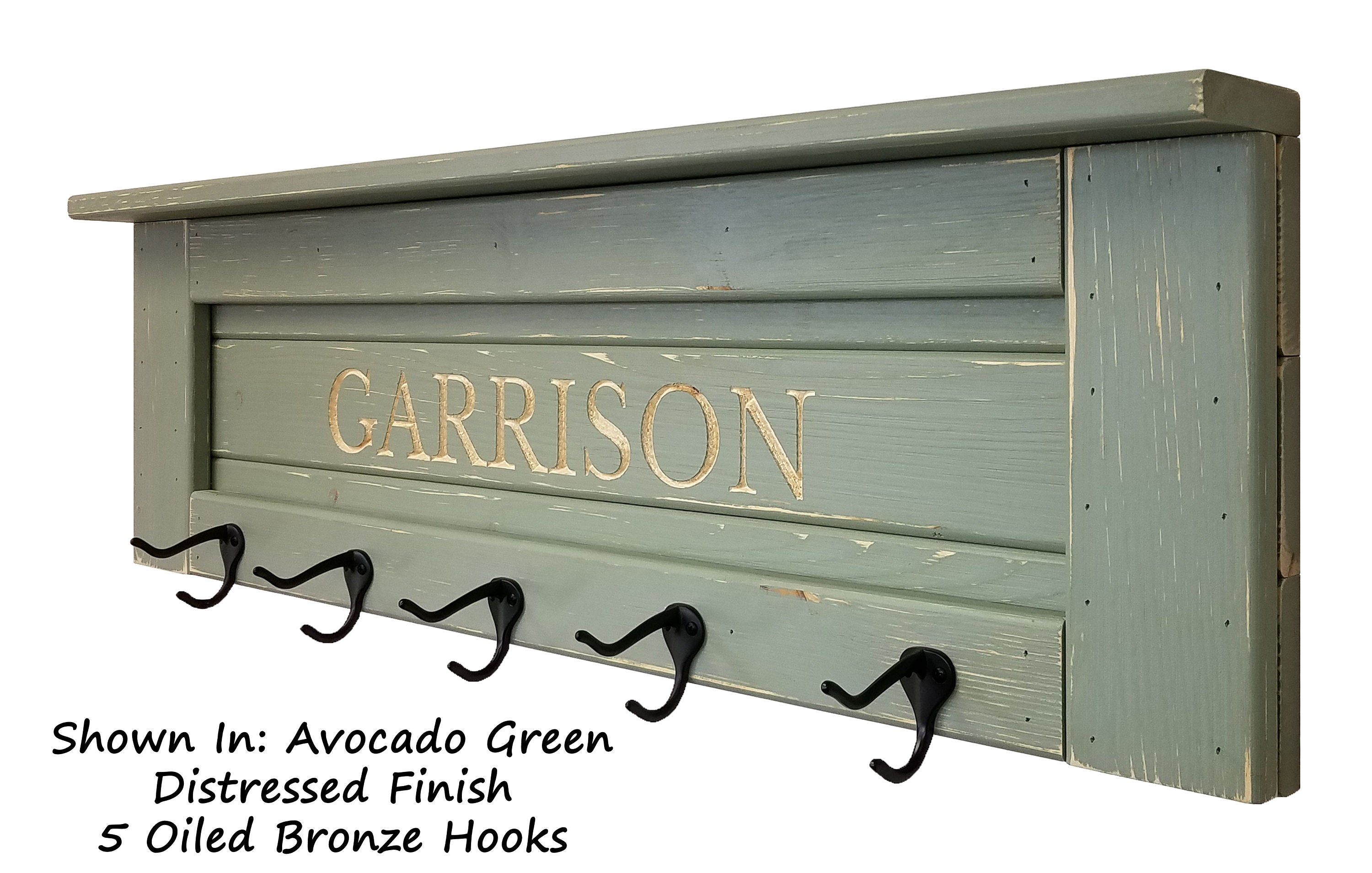 Personalized Chapel Hill Coat Hook Rack, & Shelf - 20 Colors, Shown in Avocado Green 