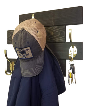 Wall Mounted Coat Rack - 20 Stain Colors, Shown In Ebony & Brass Hooks
