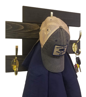 Cabin Wall Mounted Coat Rack - 20 Stain Colors, Shown In Ebony & Brass Hooks