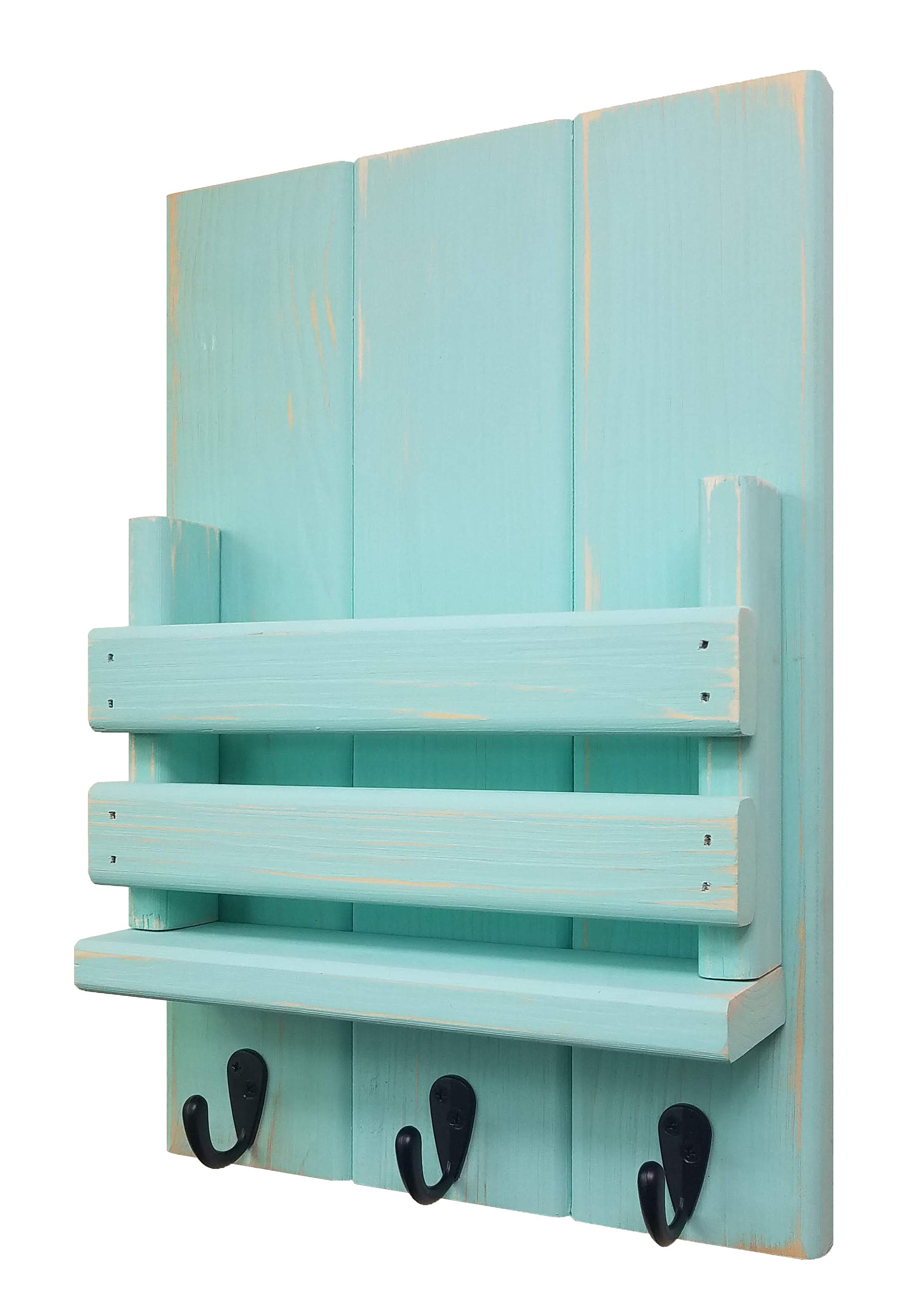 Sydney Slat Front, Mail Holder Organizer and Key Holder, Available with up to 3 Single Key Hooks – 20 Custom Colors: Shown in Sea Blue - Renewed Decor & Storage
